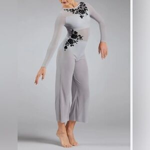 Weissman Elite | Gray Black Floral Flocked Mesh Dance Competition Jumpsuit XL